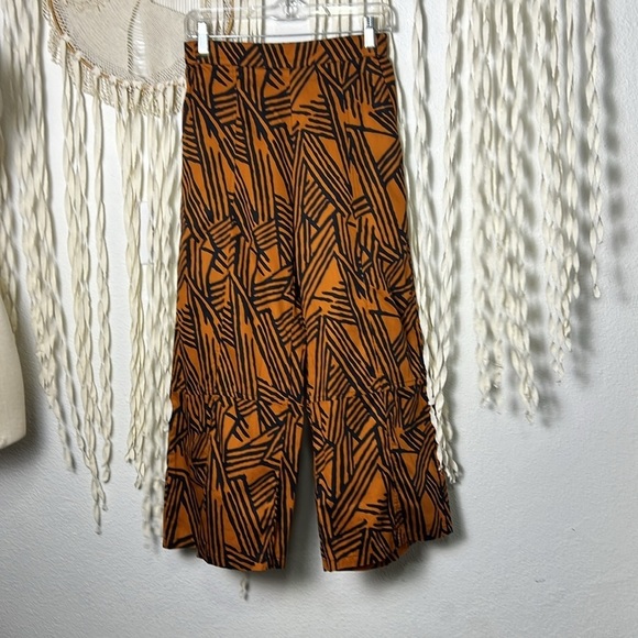 Lisa Bayne Rust and Black Geometric Print Pull On Wide Leg LagenLook Pant Small - Picture 1 of 6